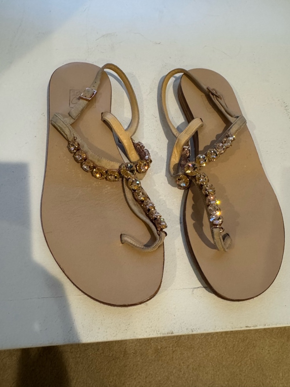 100% Capri - Women’s Jeweled T-Strap Sandals - Beige. Size 39